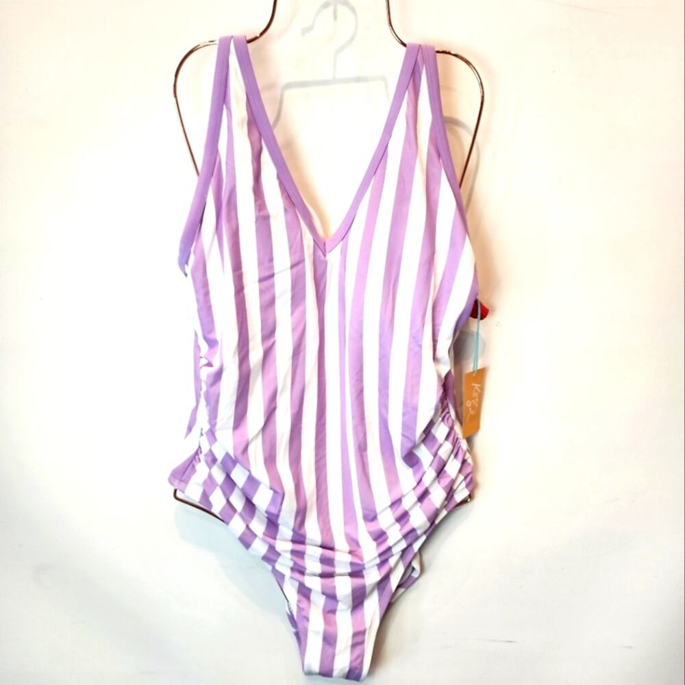 Kona Sol Lavender Striped‎ One Piece Swimsuit Tank Style Striped New Size 18W